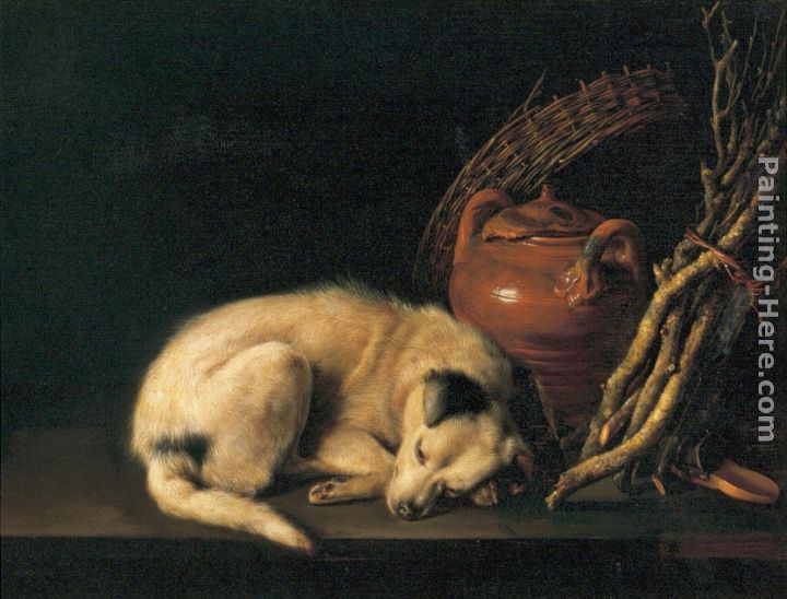 Sleeping Dog with Terracotta Jug, Basket and Kindling Wood painting - Gerrit Dou Sleeping Dog with Terracotta Jug, Basket and Kindling Wood art painting